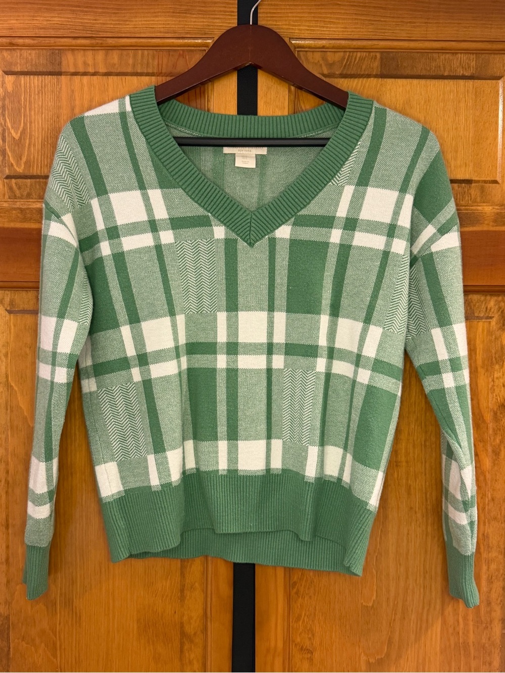 Christian Siriano Green and White Plaid V-Neck Sweater